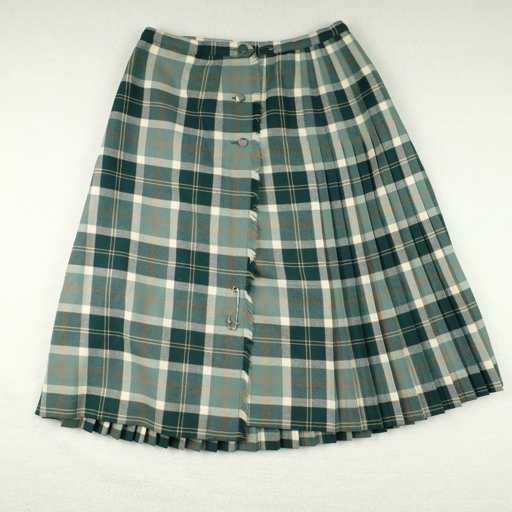 Vintage Womens Wrap Skirt 12 Green Plaid 100% Wool Pleated Midi Scottish Circle